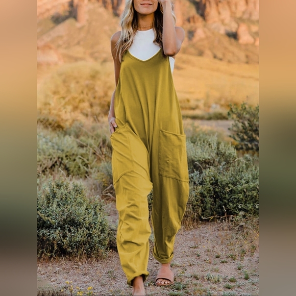 Oversized Hippie V-Neck Sleeveless Wide Leg Pant Pocket Jumpsuit Bohemian Outfit - Picture 2 of 7